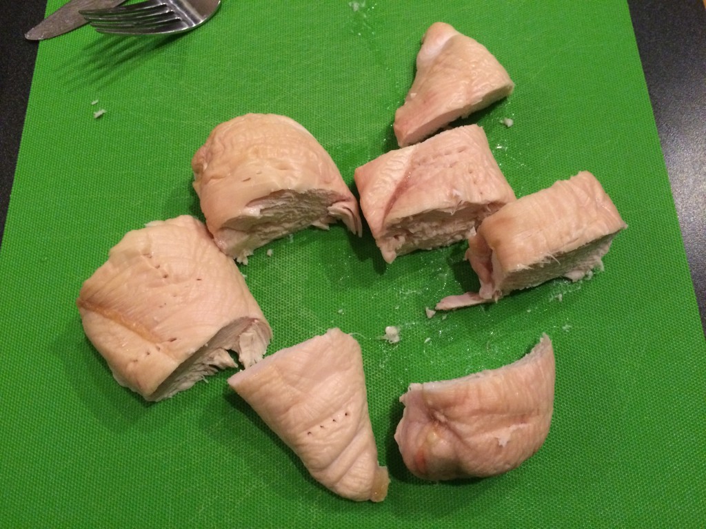 Cut up the chicken before adding to food processor