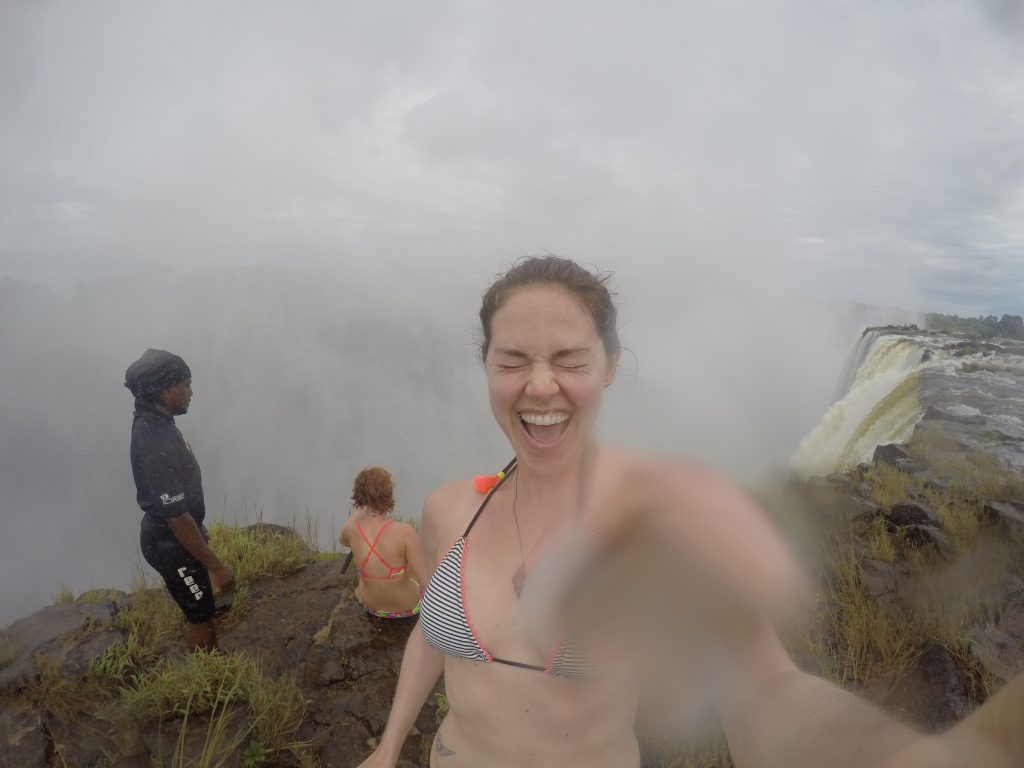 Getting pelted by water that's flying in every direction from the sheer force of the falls